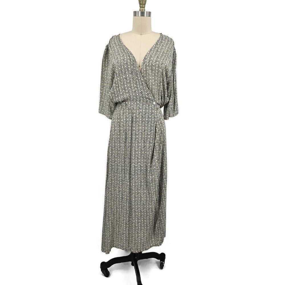 BeachGold Rayon Midi Dress Womens M Surplice Wrap Bodice Blue Ivory